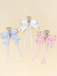 1pc Satin Bow Rhinestone Heart Decor Long Ribbon Pendant, Bag Charm With Metal Heart Buckle Design, Girly Style, Versatile Accessory For Daily Commute, Dating, Photos, Gentle Vibe Multi-Layer Satin Ribbon Pendant - Multicolor - View 3