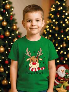 Camiseta para niños de 4 a 12 años con un diseño mágico de renos para bebés con lentejuelas "Merry & Bright", cuello redondo, manga corta y 100%. - Verde - Ver 1