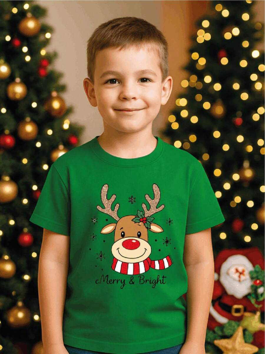 Camiseta para niños de 4 a 12 años con un diseño mágico de renos para bebés con lentejuelas "Merry & Bright", cuello redondo, manga corta y 100%. - Verde - Ver 1