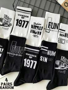 4 paires de chaussettes mi-mollet pour hommes, contraste noir & blanc aléatoire avec lettres & chiffres, haute élasticité, côtelées, respirantes, absorbantes, portables toute l'année, style de rue cool, convient pour le campus, les sorties, le quotidien, les festivals de musique, les fêtes, les sports - Multicolore - Voir 3