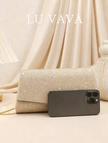 LUVAVA 奢華信封手拿包，不對稱剪裁設計，採用微珍珠閃光面料與金屬裝飾，可拆卸鏈條提供多種攜帶方式，適合婚禮賓客、晚宴、雞尾酒會、約會、日常通勤，高端成熟社交風格 (金色) - 金色 - 查看 3