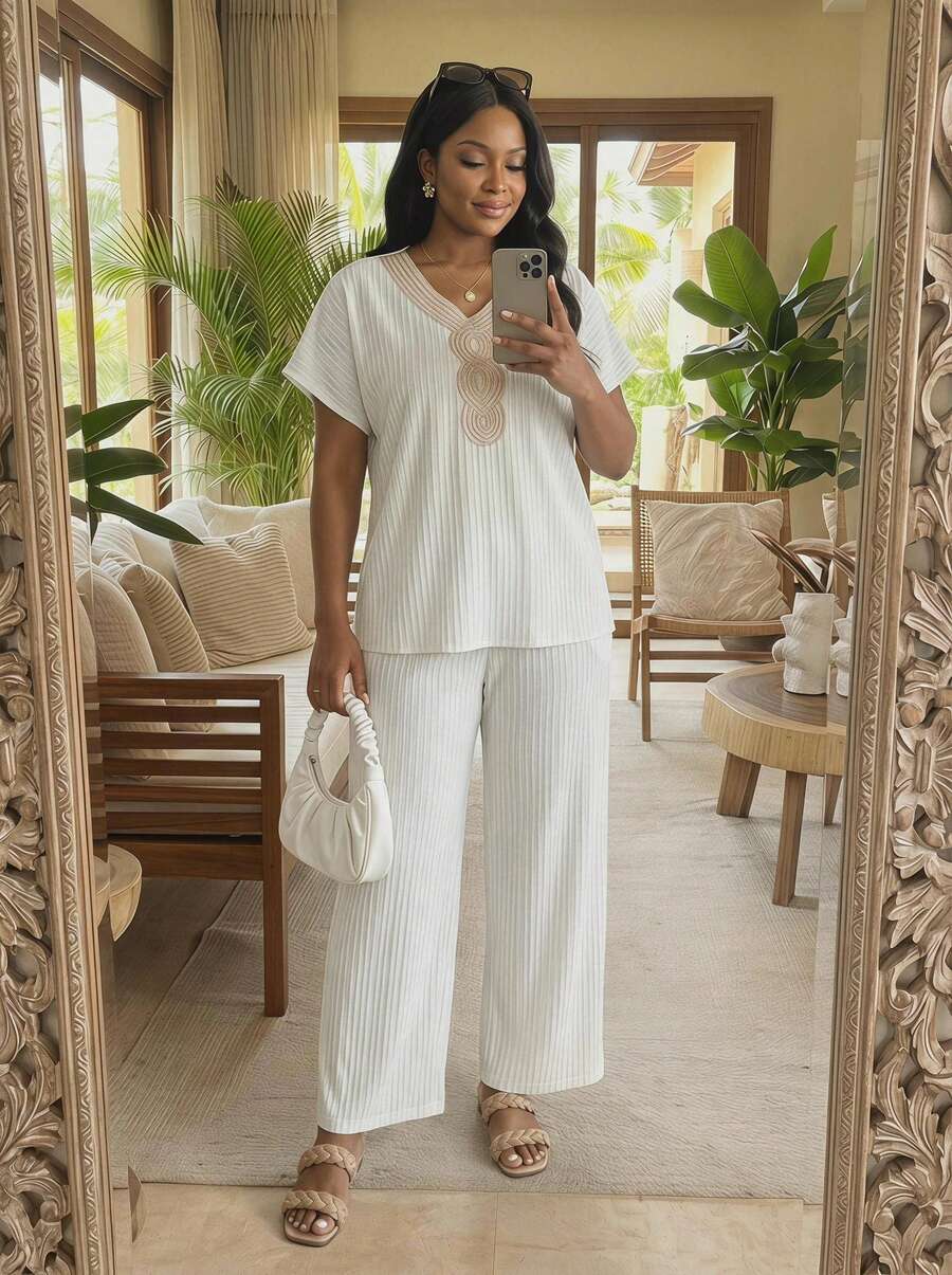 SHEIN Lady CURVE 大尺碼女款夏季套裝兩件式度假穿搭 職場休閒風 白色鄉村風夏季套裝