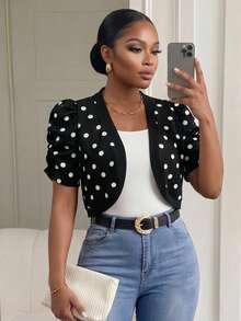 SHEIN Lady CURVE Plus Size Elegant Polka Dot Print Short Sleeve Knitted Jacket, Suitable For Work Wear Winter Fall Autumn Black - Black - View 1