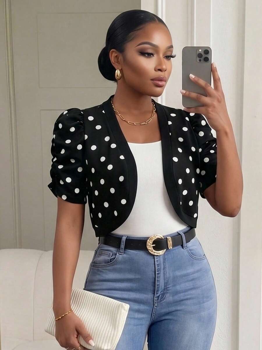 SHEIN Lady CURVE Plus Size Elegant Polka Dot Print Short Sleeve Knitted Jacket, Suitable For Work Wear Winter Fall Autumn Black - Black - View 1