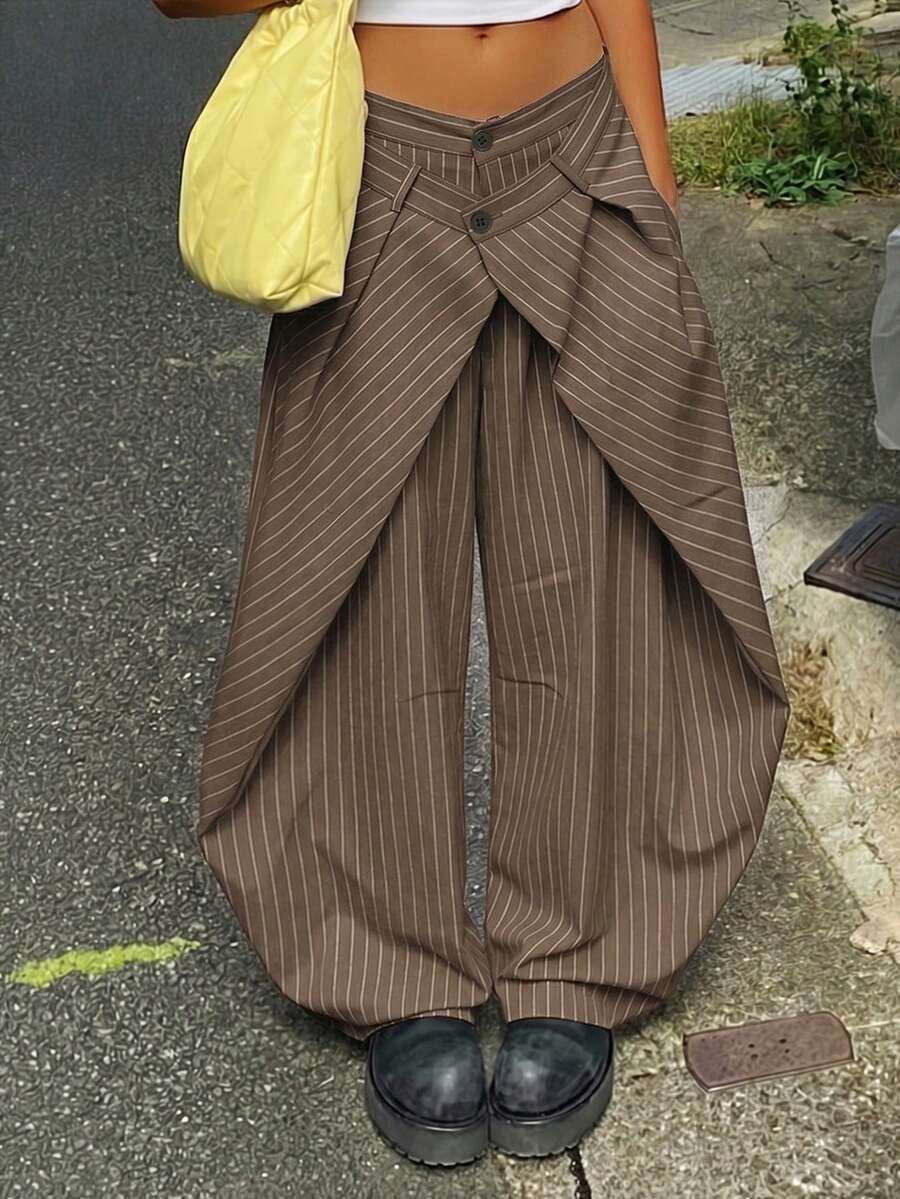 Women's Brown Striped Casual Street Vintage Style 3D Pleated Double-Button Wide Leg Palazzo Pants, Spring/Summer - Brown - View 1