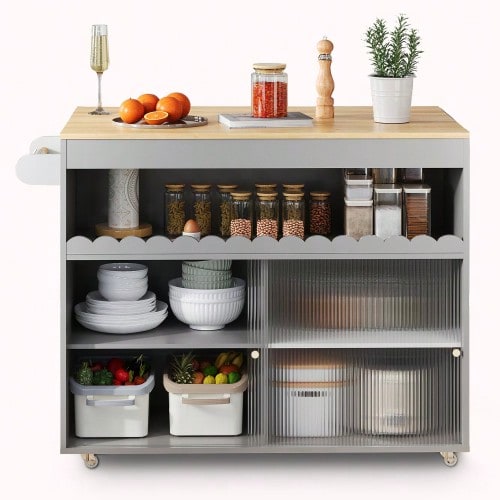 Folding Kitchen Island Trolley, 122 X 46 (69) X 91 Cm, Oak Veneer Worktop, Tempered Glass Sliding Doors, Adjustable Shelves, Towel Rail, Large Kitchen Island Trolley