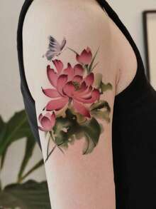 1pc Traditional Chinese Ink And Watercolor Red Lotus And Butterfly Pattern Temporary Tattoo Sticker, With Realistic Tattoo Design. Suitable For Travel, Music Festivals, Games, Graduation Gifts. Lasts For 3-5 Days. - Multicolor - View 5