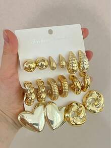 8 Pairs Fashionable Heart Geometric Multi- Gold Metallic Earring Set, Women's Fashion Earring Set, For Daily Wear - Yellow Gold - View 5