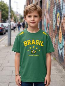 青少年男孩休閒戶外運動 BRASIL 字母印花足球風寬鬆舒適柔軟綠色短袖 T 恤，春夏款，適合夏季運動與返校穿著 - 彩色 - 查看 9