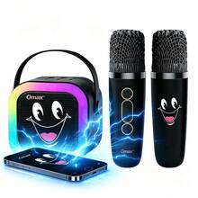 Omax K12 1-In-1/2-In-1 黑色笑臉便攜式卡拉OK喇叭，便攜式卡拉OK設備，藍牙手機連接，彩色氛圍燈，適合居家、戶外、派對卡拉OK，聖誕、節日、生日完美禮物，長效電池續航，喇叭電池 DC3.7V/800mAh，麥克風電池 DC3.7V/300mAh - 黑色1+2 - 查看 2