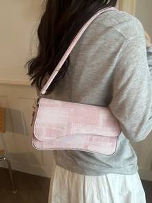 Fashion Denim Texture Solid Color Asymmetrical Flap Vintage Minimalist Elegant Shoulder Bag - Pink - View 2