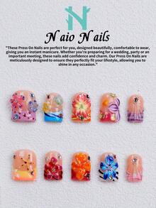 NAIO 10Pcs/Set Uñas Postizas Hechas a Mano, 3 Tamaños: Puntas Ataúd/Almendra/Cuadradas Cortas, Estilo Dulce Y2K, Diseño de Impresión Floral Multicolor & Dibujos Animados, Flores 3D, Decoración de Lunares & Piedras Preciosas, Mujeres & Niñas, Fiesta & Uso Diario, Kit de Herramientas, Regalo & Suministros para Uñas - Multicolor - Ver 13