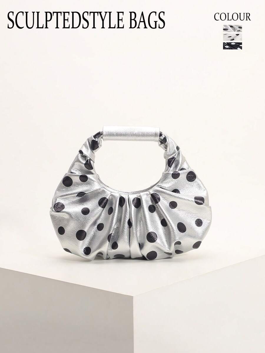 SCULPTEDSTYLE BAGS 1件裝黑白配色圓點印花雲朵包,時尚褶皺設計,極簡拼接優雅女款手提包,適合日常通勤、購物、約會、下午茶 - 銀色 - 查看 1