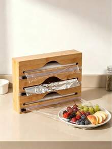 Multi-Purpose Plastic Wrap Dispenser With Cutter And Labels, Bamboo Dispenser For Plastic Wrap, Aluminum Foil And Wax Paper For Kitchen Drawers, Bamboo Roll Organizer - View 3