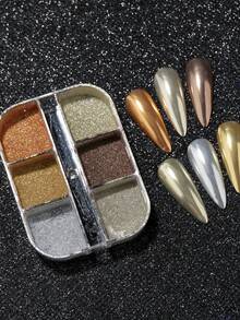 6-Grid Magic Mirror Nail Powder, Iridescent Gold & Silver Metallic Nail Powder, Y2K Aesthetic Polished Glitter Pigment, Summer Nail Art Decoration - Multicolor - View 5