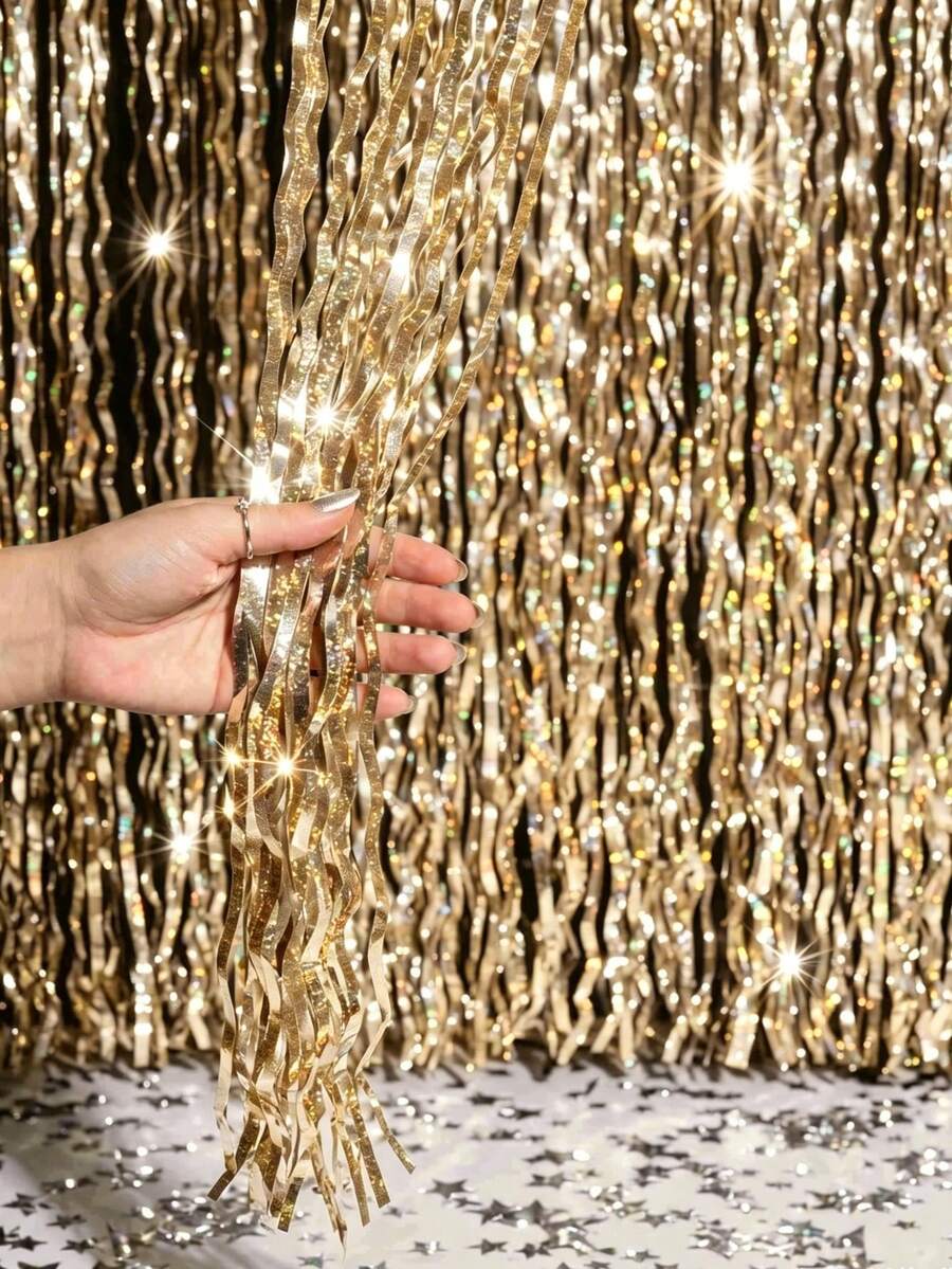 1pc Light Gold Laser Wave Fringe Curtain, Light Gold Shiny Wave Rain Curtain, Birthday Party Backdrop Decoration, Gold Party Supplies, Gold Party Backdrop, Shiny Backdrop, Wedding Decoration, Graduation Party Backdrop, Baby Shower Decoration, Party Room Wall Decoration, Party Backdrop Decoration, Back To School Season, Photo Booth Props, Birthday Decoration, Birthday Gift
