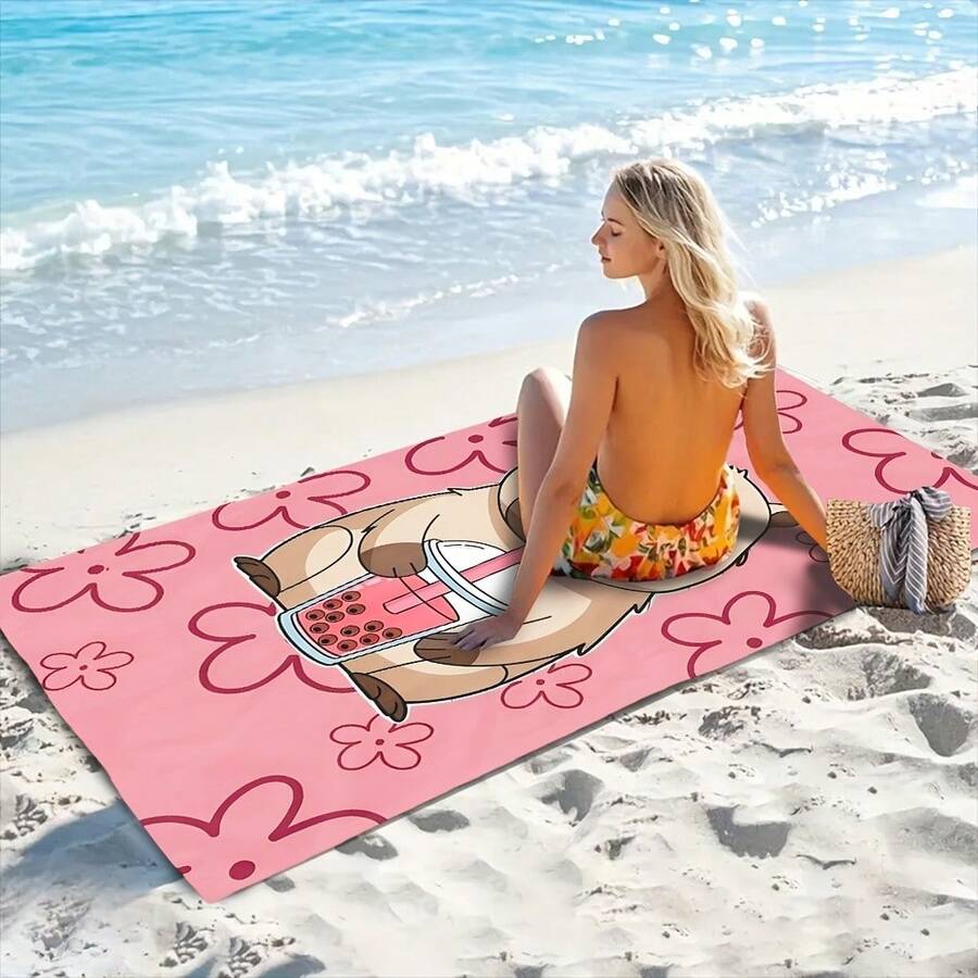 1pc Cartoon Capybara Holding Bubble Tea Beach Towel, Beach Towel, Perfect For Swimming, Fitness, Yoga, Travel, Camping, Use, Beach Accessories, Poolside Accessories - Pink - View 1