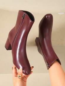Women's Elegant Fashion Chunky Heel Leather Patchwork Round Toe Side Zipper Ankle Boots, Casual Pointed Toe Side Zipper Height-Increasing Slimming Fashion Boots For Outdoor Streetwear - Burgundy - View 2