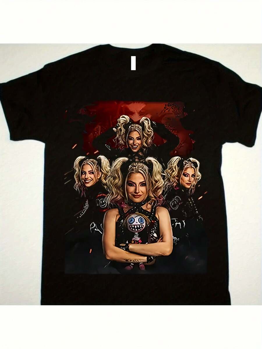 Camiseta de lucha libre para hombre Alexa Bliss - Camiseta gráfica "Let Her In Wyatt Sick 6" con estampado de Alexa Bliss, de manga corta, corte relajado de alta elasticidad, lavable a máqui - Negro - Ver 1