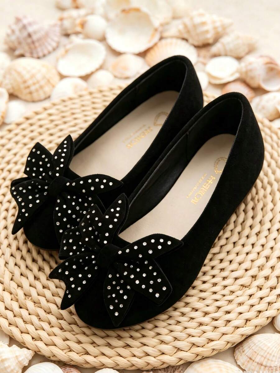 Children's Soft Sole Slip-On Casual Shoes With Large Bow Decoration - Black - View 1