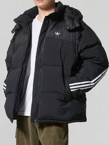 Jaket puffer berkerudung hangat berbahan bulu angsa dengan logo tiga garis adidas Originals PUFFER DOWN untuk pria. - Hitam - View 1