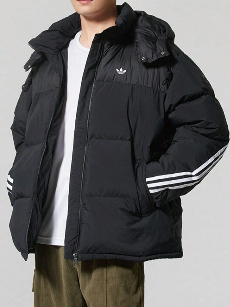 Jaket puffer berkerudung hangat berbahan bulu angsa dengan logo tiga garis adidas Originals PUFFER DOWN untuk pria. - Hitam - View 1