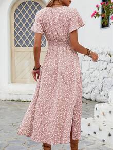Floral Dress With Butterfly Sleeves And Leg Slit - Black - View 3