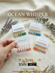 6件組全新海洋系列海灘貝殼耳環，夏季度假風海螺與海星合金琺瑯垂墜耳環，女款 - 彩色 - 查看 3
