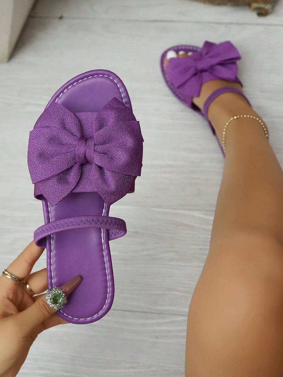 Women's Fashion Summer Leopard Print Bow Flat Sandals, Versatile Casual Vacation Beach Shoes, Elegant Footwear - Purple - View 1