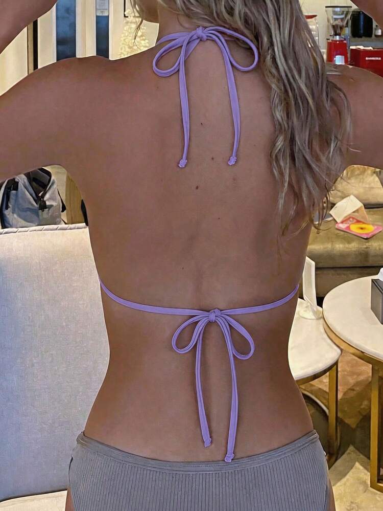 Women's Purple Ribbed Halter Neck Triangle Bikini Top Sexy Deep V-Neck Swimwear Top Vacation Beach Summer - Purple - View 7