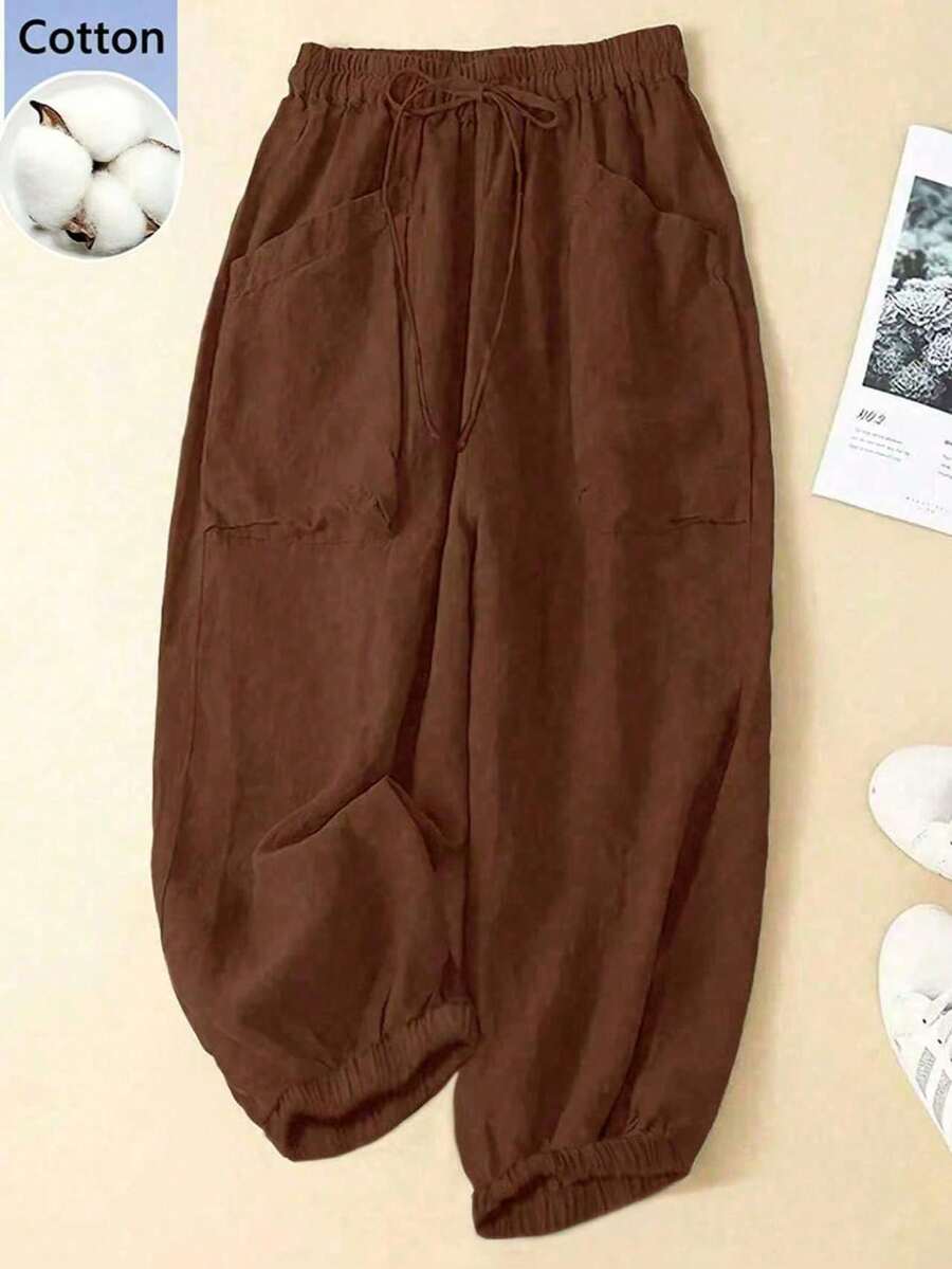 Pantalones casuales sencillos de bolsillo con lazo al frente de unicolor en talla grande, uso casual diario - Café integral - Ver 1