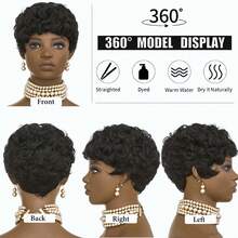 Women'S Layered Short Curly Pixie Cut Wig With Bangs - Remy Peruvian Human Hair, Glueless Full Machine Made Curly Wave Wig, Music Festivals & Everyday Styling - Density, Suitable For All Light Types, Short Hair Wig - Natural Black - 查看 6