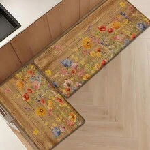 1 pieza, Decoración del hogar, Estampado de patrón floral, Alfombra de cocina de lino, Tapete de cocina, Tapete de piso, Tapete de baño, Tapete de puerta, Impresión 3D rectangular, Adecuado para sala de estar, dormitorio, pasillo, baño, lavandería - Alfombra de poliéster, Adecuado para decoración del hogar interior y exterior - Multicolor - Ver 2