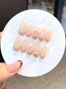 10pcs Handmade Polka Dot French Carved 3D Bows & Rhinestones, Fashionable & Exquisite. Easily Create Nail Art Designs, Add Romantic Atmosphere To Fingertips, Showcase Bold Fashion Taste. Nails Handmade Press On Nails - Multicolor - View 5