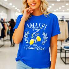 Conjuntos Diarios Elegantes: Camiseta de Algodón con Estampado de Limones de la  de Amalfi para Mujer, Manga Corta, Cuello Redondo, Camiseta Casual de Verano, Varias Tallas, Algodón Sua - Azul - Ver 1