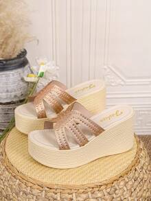 Plus Size High Heel Sandals Slip-On Thin Strap Wedge Heel Rhinestone Fashion Versatile Thick Sole Sandals - Rose Gold - View 4