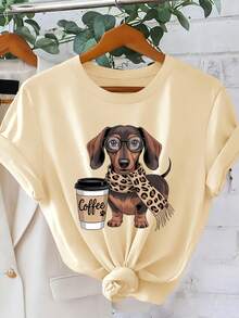 Camiseta de verano Y2K para mujer con estampado vintage de perro salchicha y café |   Estilo casual de dibujos animados, cuello redondo, manga corta |   Ropa de Estilo Vacacional para el Ver - Negro - Ver 6
