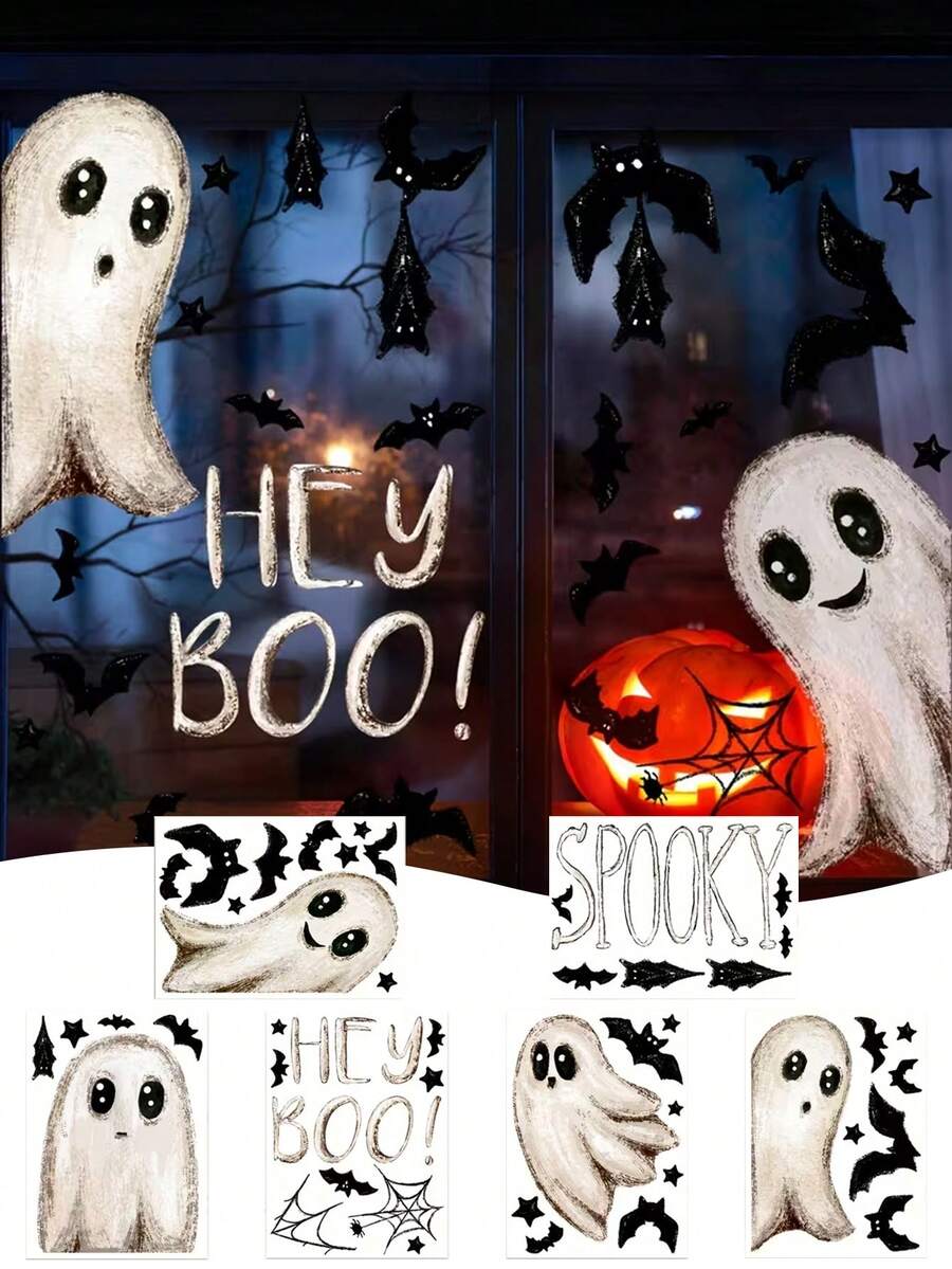 Halloween Ghost & Bat Window Stickers, PVC Static Cling Window Decals, Cute Ghost Decorative Stickers, Halloween Holiday Stickers, Home Decor Stickers - Multicolor - View 1