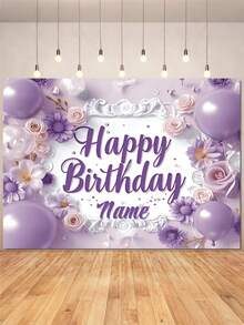 Pancarta personalizable "Feliz Cumpleaños", tema floral púrpura, decorada con rosas rosa claro y púrpura, margaritas, globos púrpuras y acentos florales blancos, creando una atmósfera suave y soñadora, adecuada para fiestas de cumpleaños, niñas - Tipo C - Ver 3