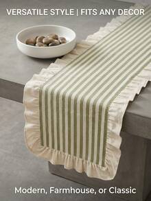 1pc American Country Style Simple Ruffle Edge Striped Table Runner, Rectangular Table Cloth For Home Kitchen Dining Table, Tea Table, TV Cabinet, Entryway, Multi-Functional Cover, Suitable For Holiday Gatherings, Birthday Parties, Wedding Dinners, Restaurant, Living Room, Coffee Table Mat, Home Decor, Room Decor, All Seasons - Green - View 5