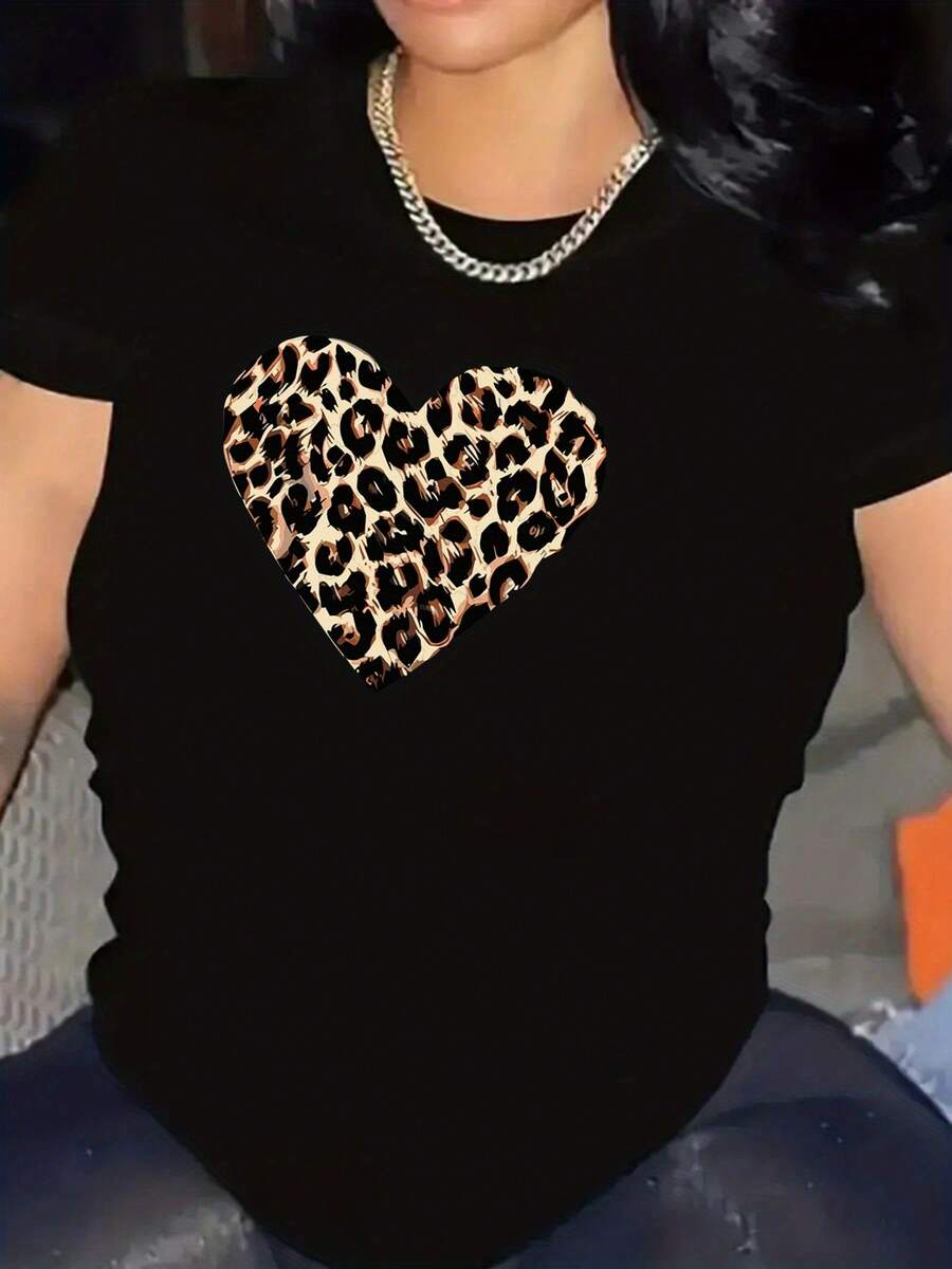 Camisetas de mujer: Una linda camiseta con estampado de corazón y leopardo para el verano, un top casual de manga corta para primavera y verano, blusas casuales para mujer. - Negro - Ver 1