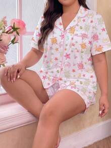 2pcs/Set Conjunto de pijama para mujer, estampado de estrella de mar y coco, ropa de estar en casa para mujer, atuendo de vacaciones de primavera/verano, top de manga corta con solapa y pantalones cortos, se puede usar en el exterior - Multicolor - Ver 8