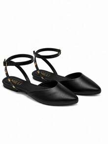 Women's Flat Shoes With Pointed Toe, Adjustable Ankle Strap, Spikes, Comfortable - Black - View 1