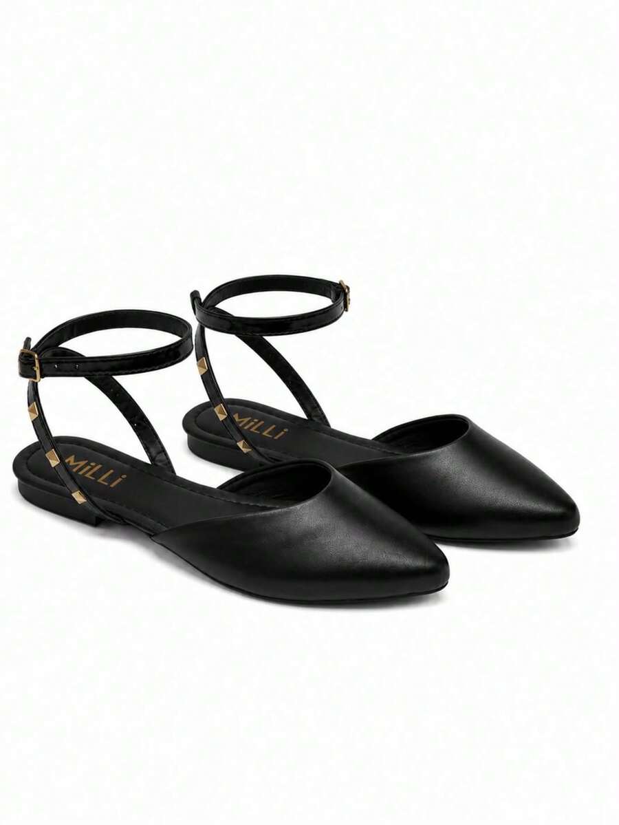 Women's Flat Shoes With Pointed Toe, Adjustable Ankle Strap, Spikes, Comfortable - Black - View 1