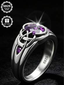 1 pezzo Anello vintage in argento sterling S925 con nodo celtico e zirconi sintetici viola incastonati, regalo essenziale per San Valentino per uso quotidiano, con scatola regalo inclusa - Argento - Visualizzare 5