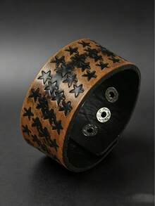 1pc Punk Vintage Star/Moon/Totem Embossed Leather Bracelet, Unisex Wide Wristband, Distressed Texture Adjustable Buckle, Street Style Fashion Accessory - Brown - View 6