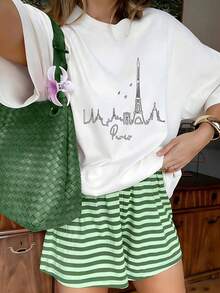Minimalist Line Art Paris Eiffel Tower Skyline Graphic T-Shirt, 100% Cotton Oversized Soft Breathable Elegant Tee, Casual Crewneck Short Sleeve Top For Travel & Daily Wear - 白色 - 查看 10