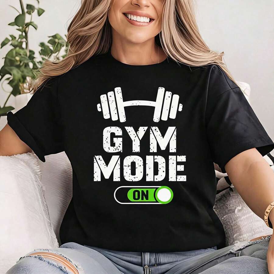 Pure Cotton Gym Mode On T-Shirt, Funny Fitness T-Shirt, Motivational Workout T-Shirt, Fitness T-Shirt, Workout Clothes, Gym T-Shirt, Gift For The Gym - 黑色 - 查看 1