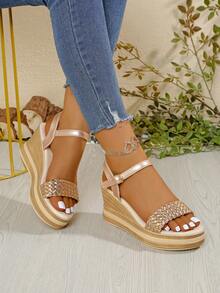 New Women's Classic Fashion Woven Sandals, Comfortable Versatile Daily High Thick Platform Wedge Sandals - Champagne - View 3