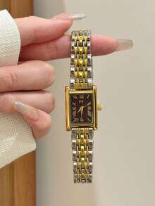 1pc Rectangular Dial Women's Quartz Watch, Roman Numeral Design, Suitable For Daily Wear, Ideal Gift Choice - Silver and Gold - View 2
